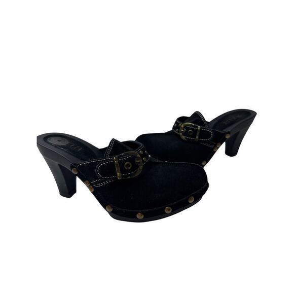 Size 5.5 Black Suede Studded Slip On Heel Clogs Mules 70s Closed Toe Office Work - Picture 3 of 10